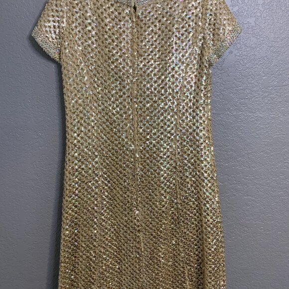 Vintage Mod Gold Knit Sequin Lined Rhinestone Collar Shift Dress Pat Sandler - Picture 4 of 10
